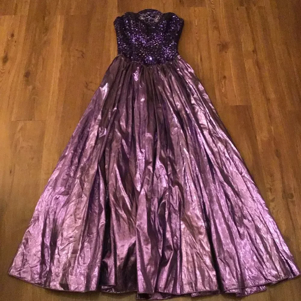 Vintage 1980s Mike Benet Beaded Sequin Taffeta Metallic Prom Formal Dress